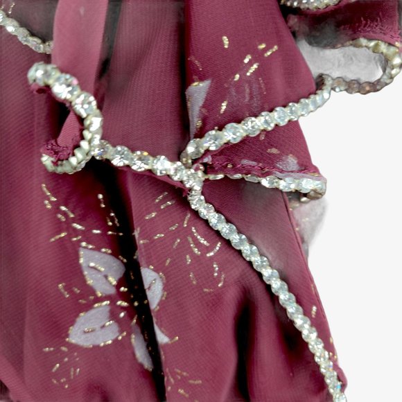 Vintage 1970s Romantic Sheer Ruffle Dress Burgundy Floral Rhinestone Trim Disco - Picture 12 of 12